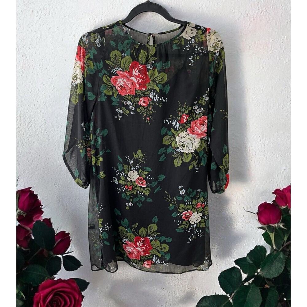 NWT Ann Taylor Loft Floral Sheer and black slip Dress SIZE XSP roses 3/4 sleeves